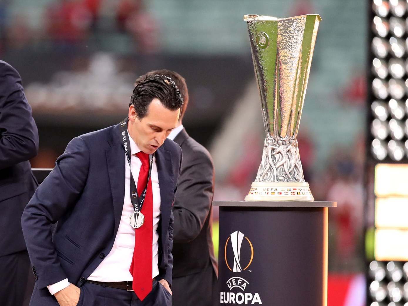 Unai Emery walks away after losing heavily to Chelsea in the final