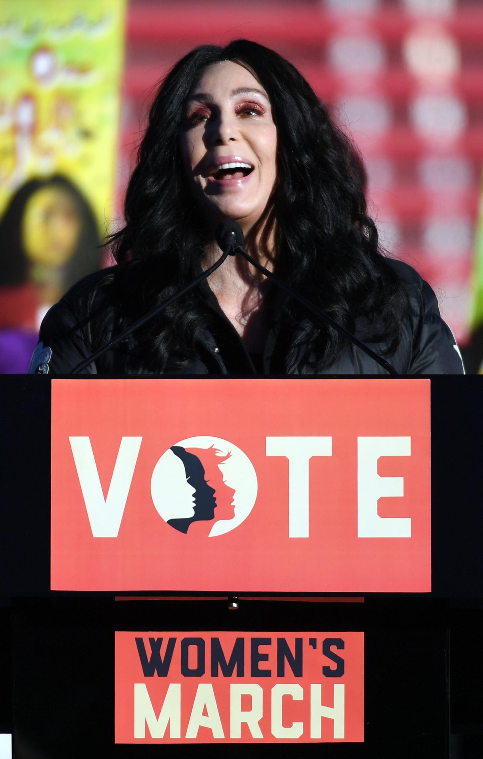 Singer/actress Cher speaks during the Women's March "Power to the Polls" voter registration tour launch at Sam Boyd Stadium on January 21, 2018 in Las Vegas, Nevada