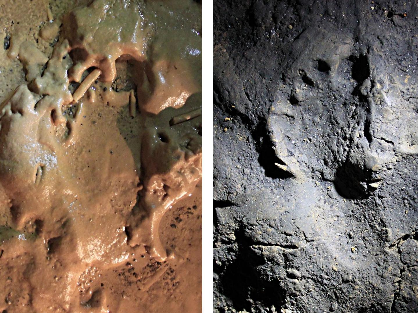 These are ancient human footprints impressed on different surfaces in the cave of Bàsura