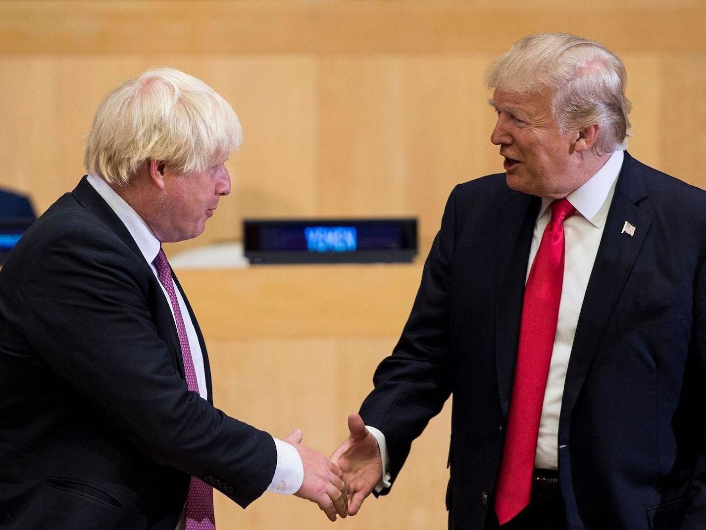 British Foreign Secretary Boris Johnson and US President Donald Trump greet before a meeting on United Nations Reform at UN headquarters in New York on September 18, 2017