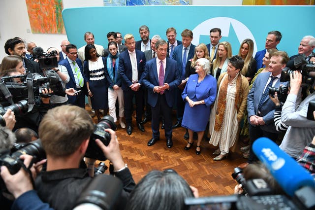 Brexit Party leader Nigel Farage with the party's MEPs