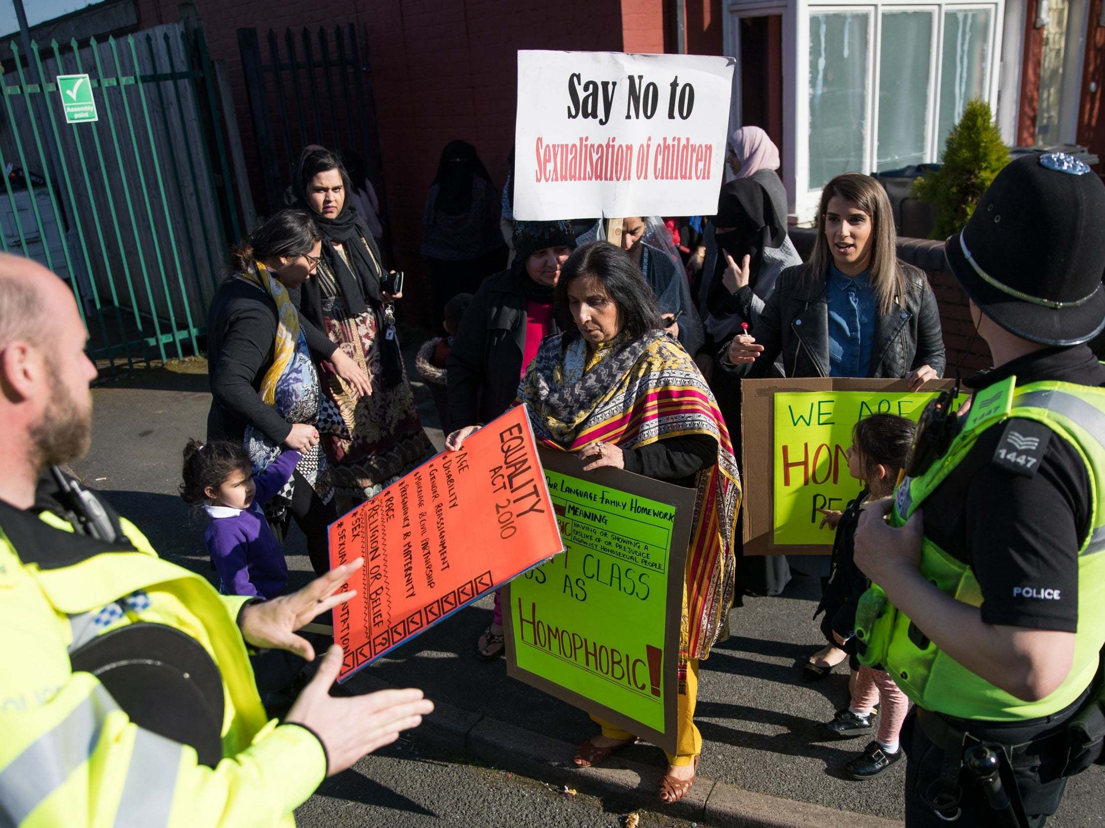 Children and protesters at Anderton Park Primary School in Birmingham