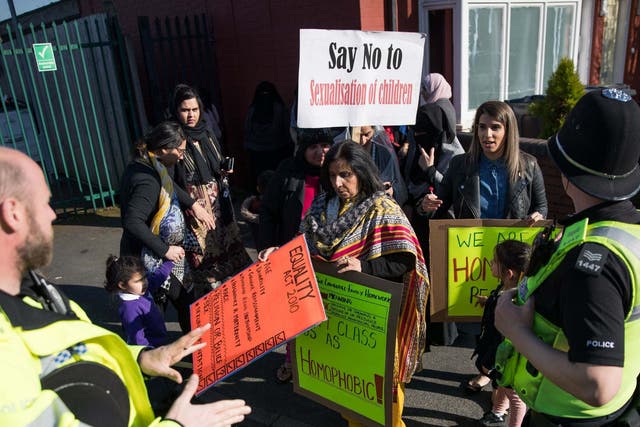 Children and protesters at Anderton Park Primary School in Birmingham