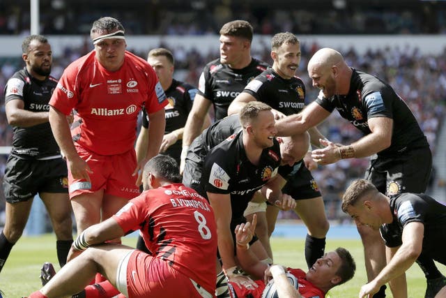 Jonny Hill scores Exeter's third try against Saracens in the Premiership final