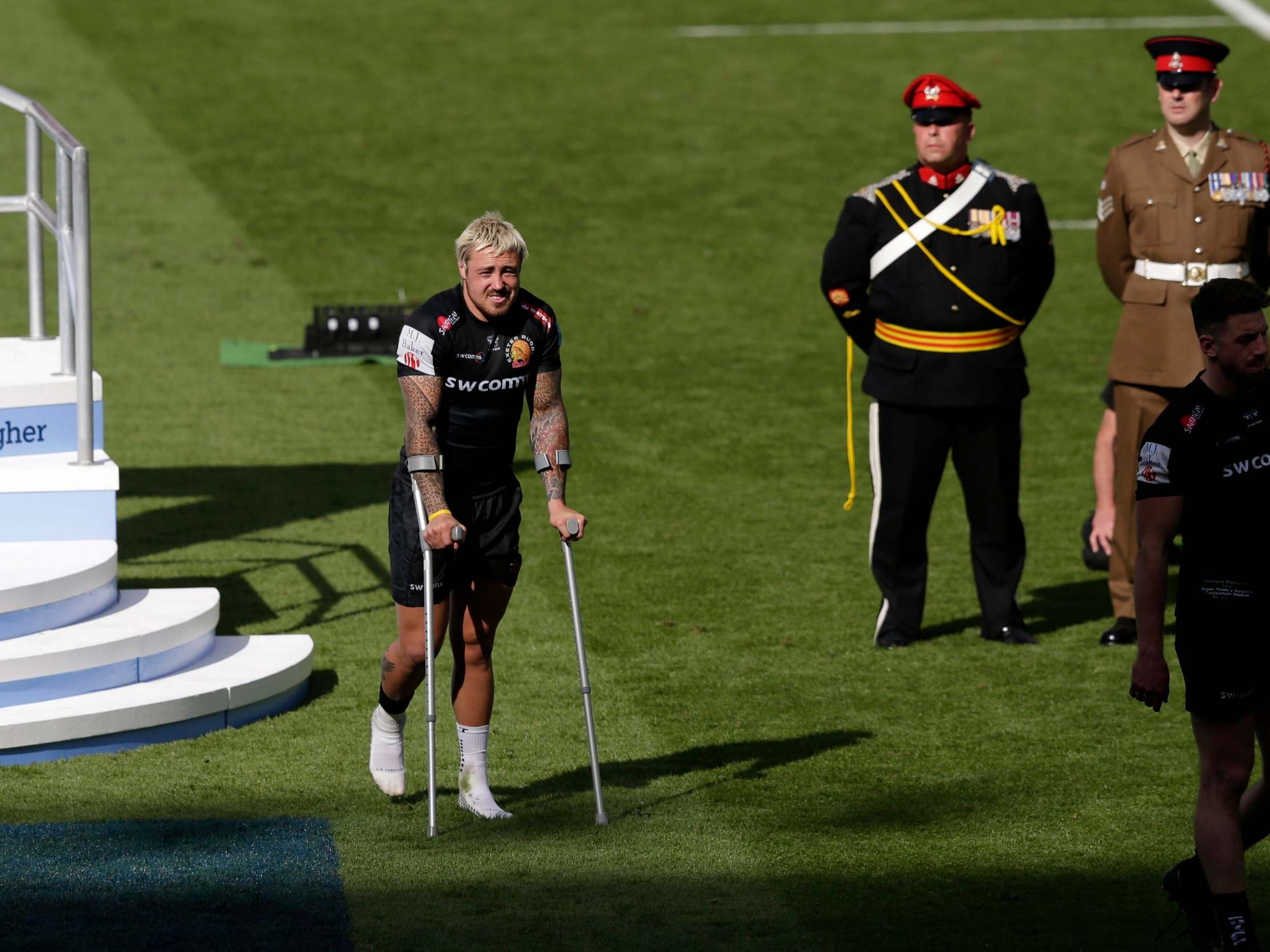 The Exeter wing left Twickenham on crutches after the defeat