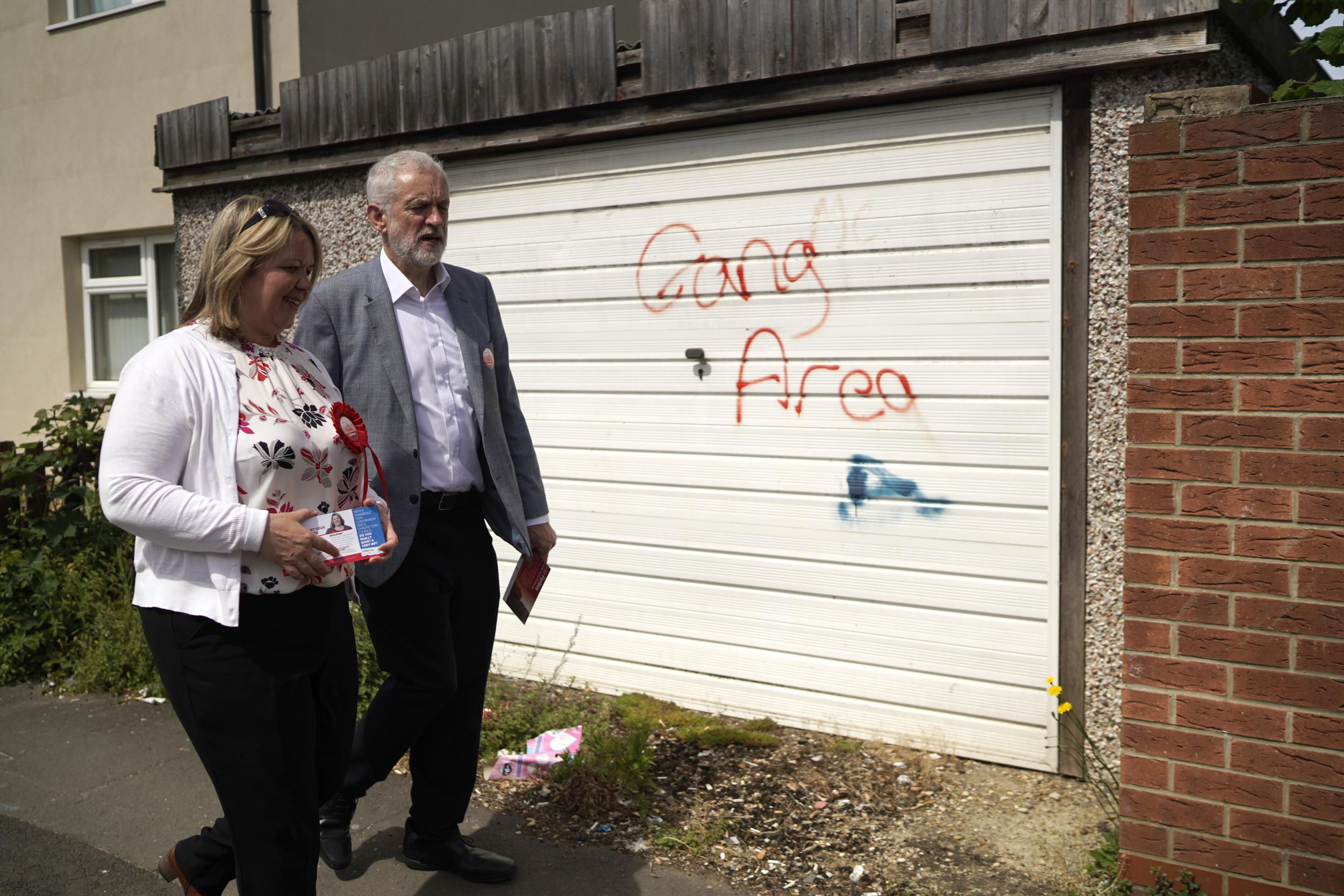 Forbes and Corbyn take part in a walkabout in the run up to the Peterborough by-election