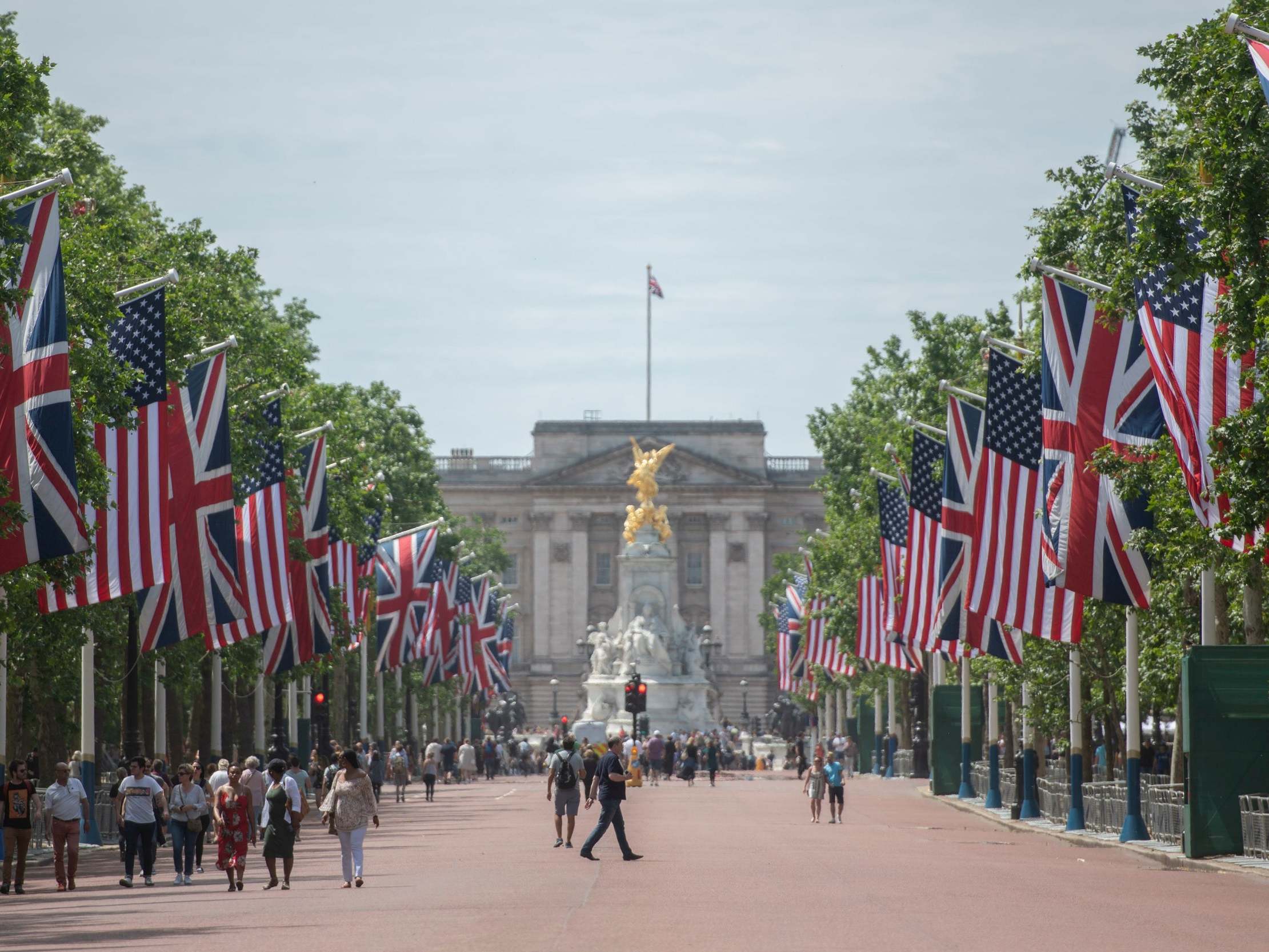 The Mall is lined with American and Union Jack flags for Donald Trump's state visit to the UK