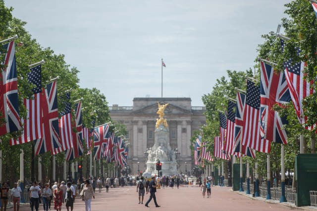 The Mall is lined with American and Union Jack flags for Donald Trump's state visit to the UK
