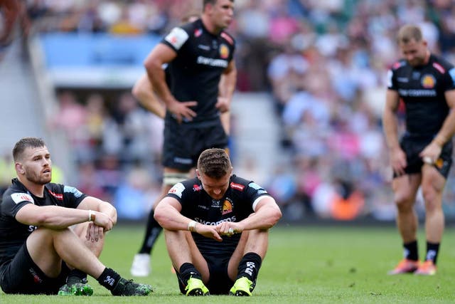Henry Slade was dejected at full-time as Exeter lost the Premiership final against Saracens
