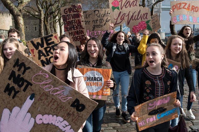 A gender equality march takes place in London to mark International Women's Day