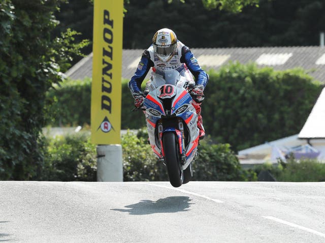 Peter Hickman leaps over Ballaugh Bridge