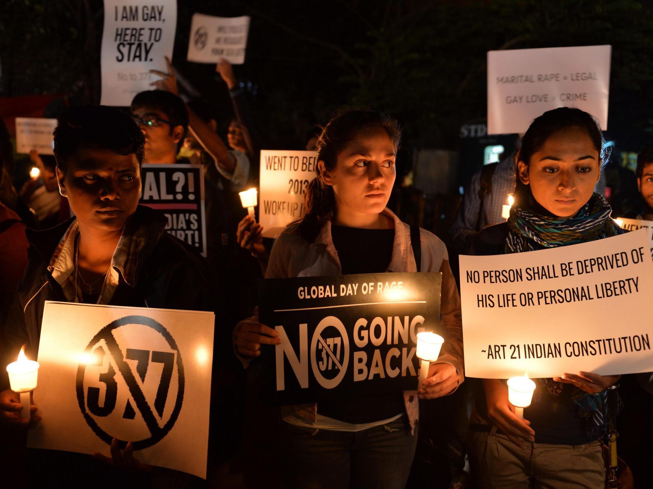 Indian LGBT activists demonstrate against the Supreme Court’s reinstatement of Section 377, which bans gay sex in a law dating from India’s colonial era (AFP/Getty)