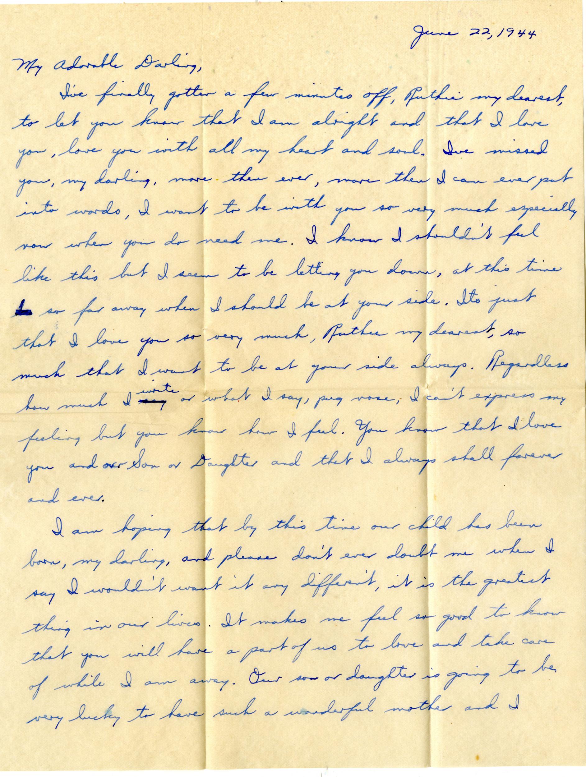 A letter from Bill Svrluga Sr to his wife from 1944. It begins: ‘I’ve finally gotten a few minutes off, Ruthie my dearest, to let you know that I am alright and that I love you, love you with all my heart and soul’