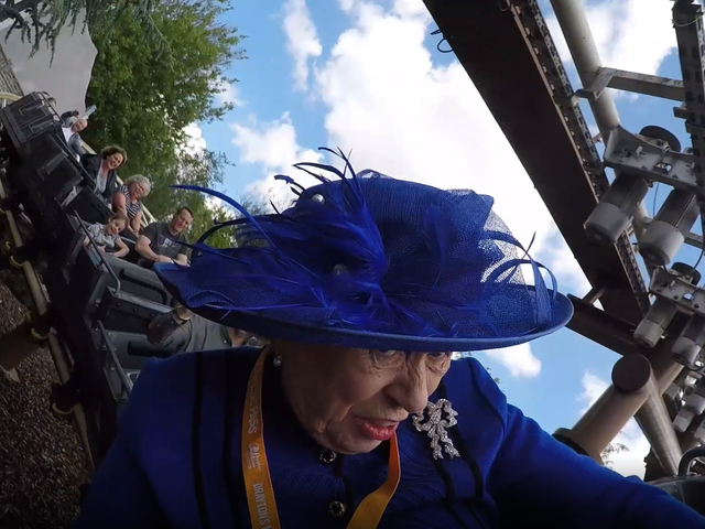 The Queen appeared to be enjoying the rides at Drayton Manor rollercoaster park on Monday