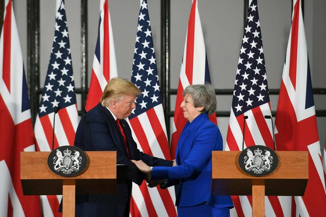 Theresa May and Donald Trump take part in Tuesday’s joint press conference at the Foreign & Commonwealth Office, in London