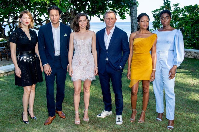 Léa Seydoux, Cary Joji Fukunaga, Ana de Armas, Daniel Craig, Naomie Harris and Lashana Lynch attend the Bond 25 film launch at Ian Fleming's Home 'GoldenEye', on 25 April, 2019 in Montego Bay, Jamaica.