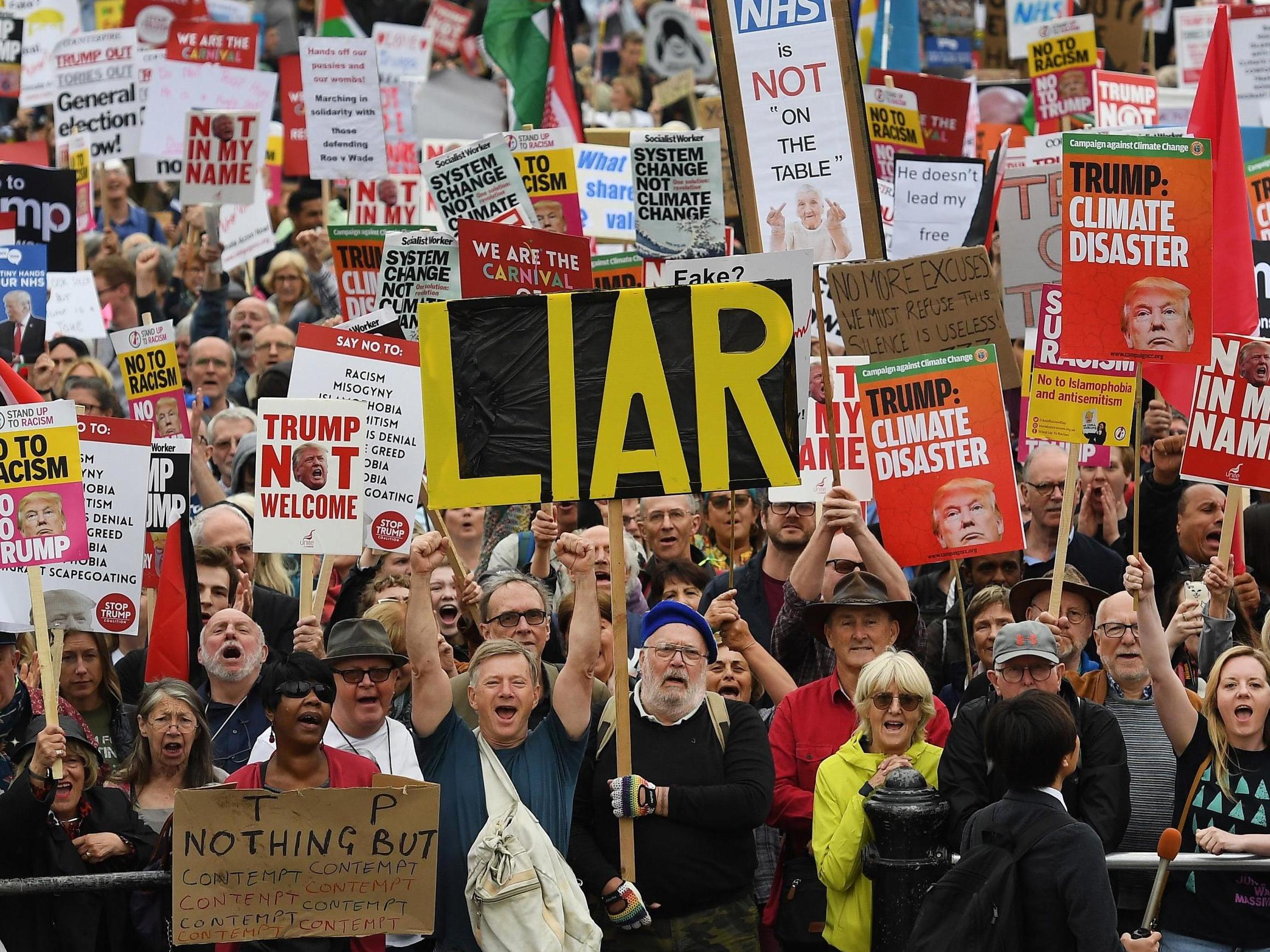 Anger, humour and lots of toupee jokes as Trump protests hit London