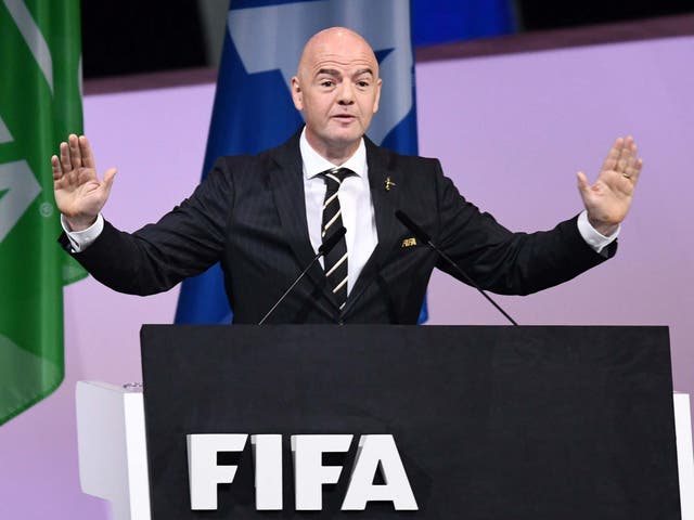 FIFA president Gianni Infantino gestures