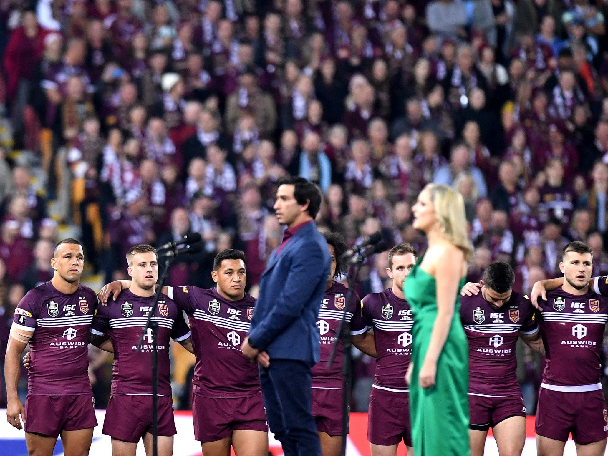 Queensland Maroons during the State of Origin national anthem