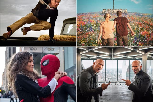 Clockwise from top right: Once Upon a Time in Hollywood, Midsommar, Hobbs and Shaw and Spiderman: Far From Home