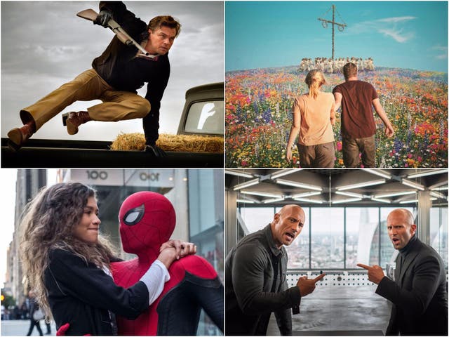 Clockwise from top right: Once Upon a Time in Hollywood, Midsommar, Hobbs and Shaw and Spiderman: Far From Home