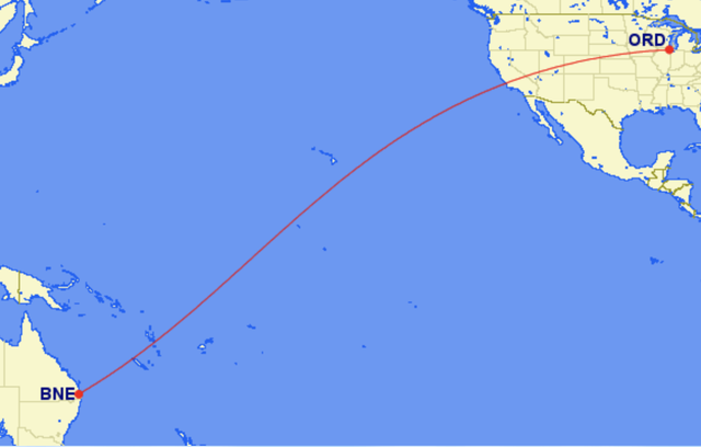 Long hop: the most direct track between Chicago O'Hare airport (ORD) and Brisbane (BNE) in Queensland