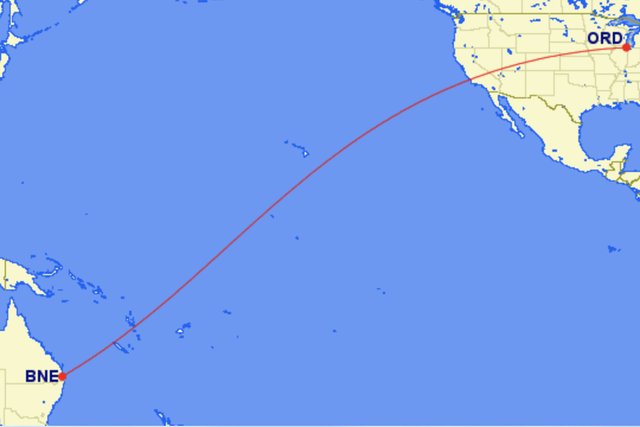Long hop: the most direct track between Chicago O'Hare airport (ORD) and Brisbane (BNE) in Queensland