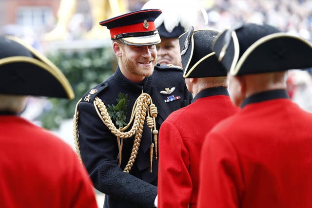Prince Harry, Duke of Sussex (R) attends the annual Founder's Day parade at Royal Hospital Chelsea on June 06, 2019 in London, England.