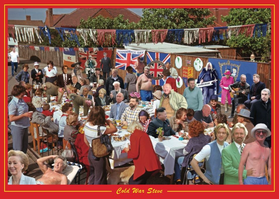 The brilliant Cold War Steve’s bleakly satirical collages always have two features; an appearance by Steve McFadden (EastEnders’ Phil Mitchell) and a savage commentary on the state of Global Britain. Christopher Spencer, for it is he, did well out of Brexit.