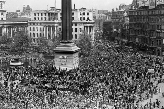File photo dated 8/5/1945 of thousands of people gather in Trafalgar Sqaure, London, to mark VE-Day, celebrating the Allied victory over Germany and the end of the Second World War