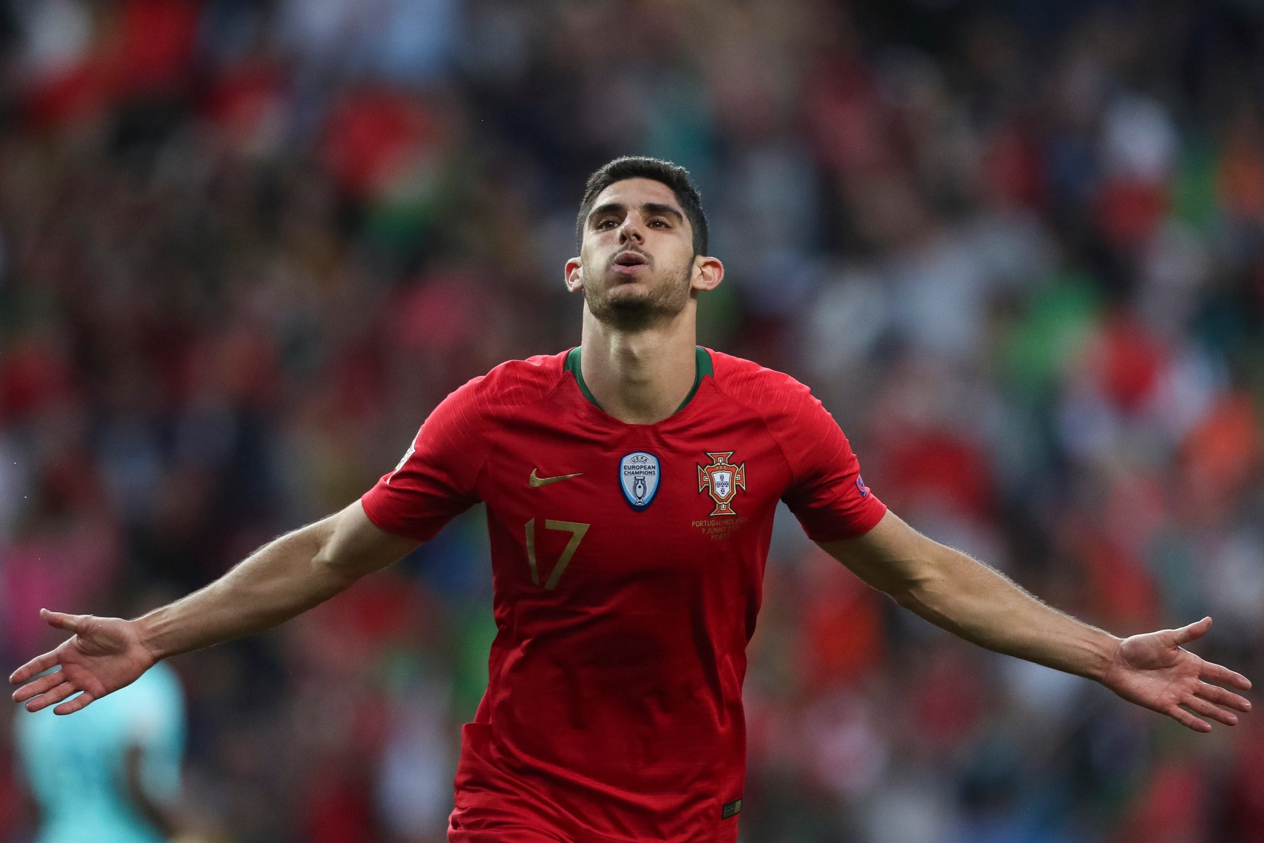 Goncalo Guedes celebrates scoring the game's only goal