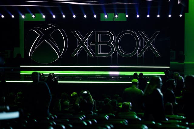 The Xbox logo is shot on stage prior to the beginning of the Microsoft Xbox showcase at the Microsoft Theater in Los Angeles, California, USA