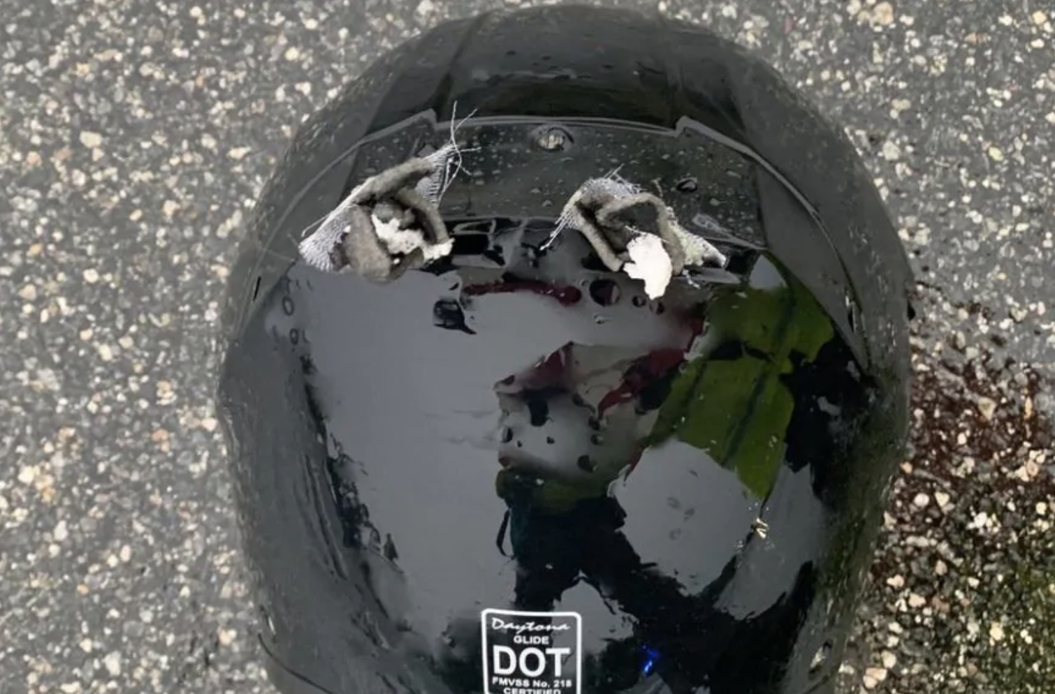 A motorcyclist's helmet after he was struck by lightning, while riding in Florida on I-95