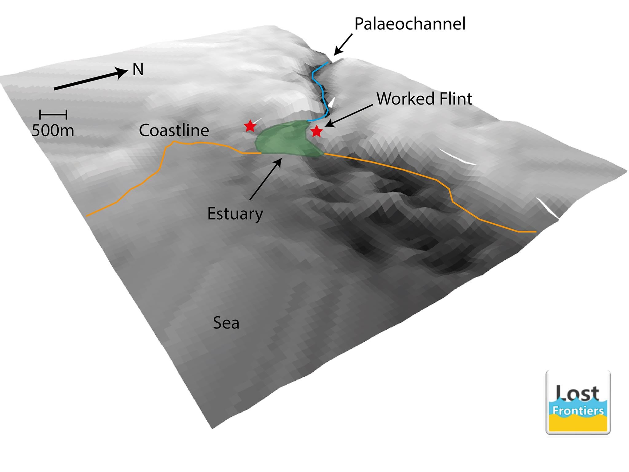Remote sensing investigations, carried out by the archaeologists and geophysicists, have for the first time, revealed what the site would have looked like before it was inundated by the sea some 8000 years ago. The river valley and estuary of a now-long- vanished river can be seen quite clearly. The two finds have been discovered on either side of the estuary, precisely where archaeologists would expect prehistoric campsites and settlements to be located