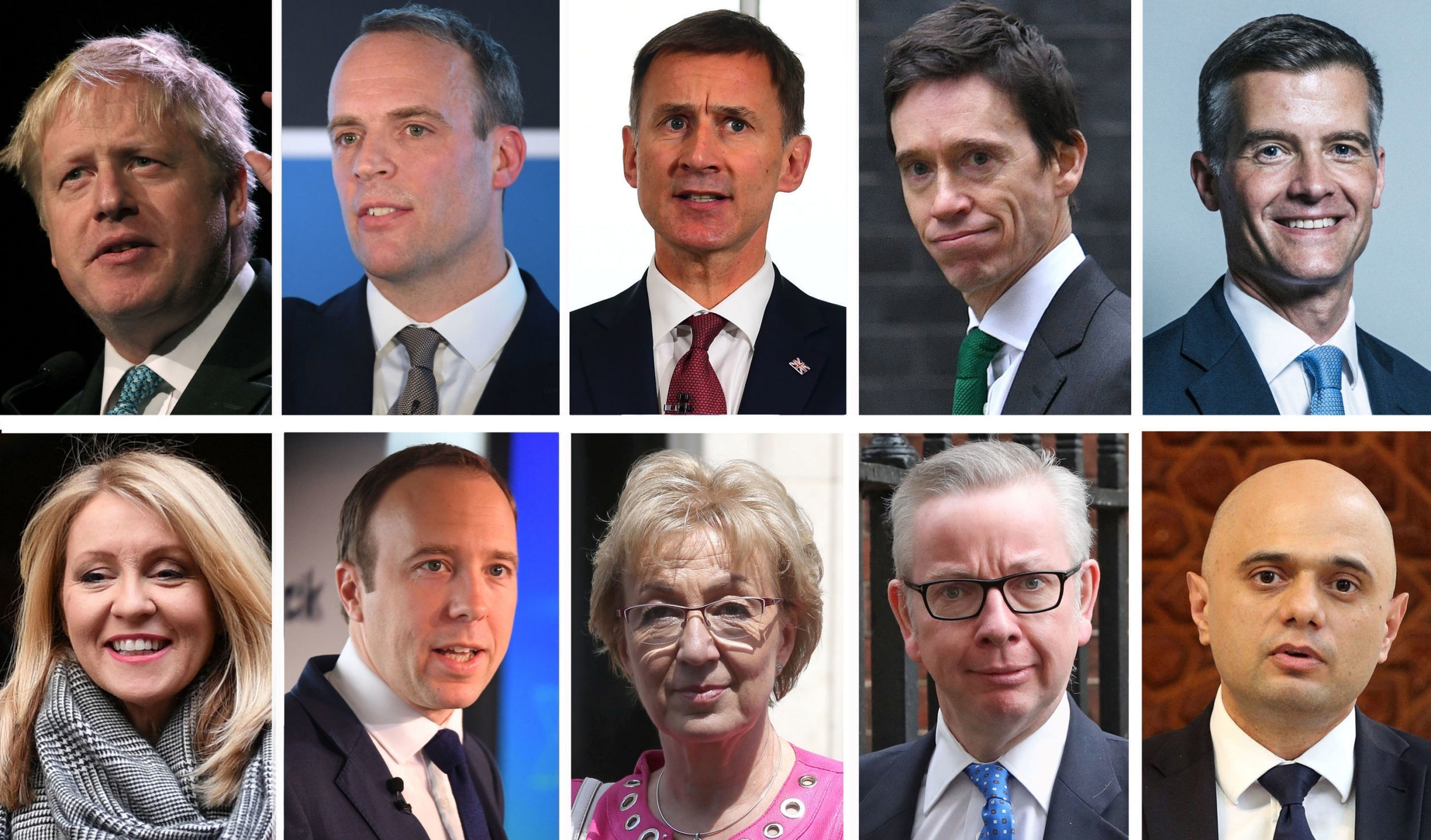 The ten contenders in the Conservative leadership race (top row, left to right) Boris Johnson, Dominic Raab, Jeremy Hunt, Rory Stewart and Mark Harper, (bottom row, left to right) Esther McVey, Matt Hancock, Andrea Leadsom, Michael Gove and Sajid Javid