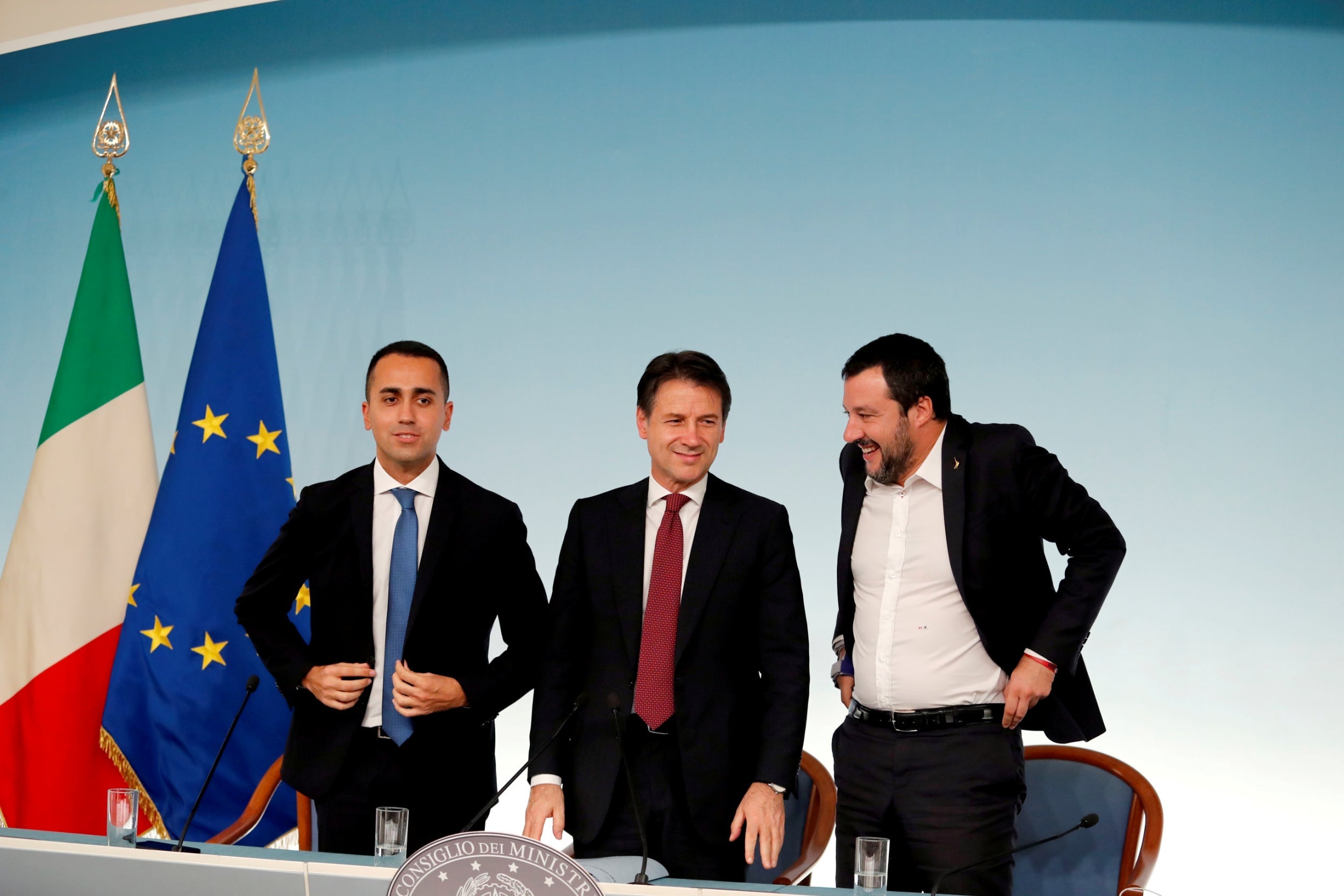 Luigi Di Maio, Giuseppe Conte and Matteo Salvini at Chigi Palace in Rome