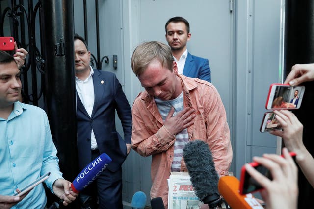 Golunov talks to media yesterday after charges against him were dropped