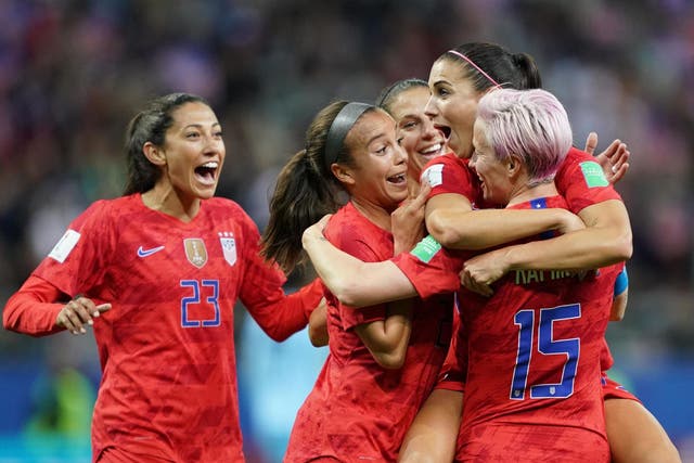 USA team celebrate a goal against Thailand at Women's World Cup in France on 11 June 2019
