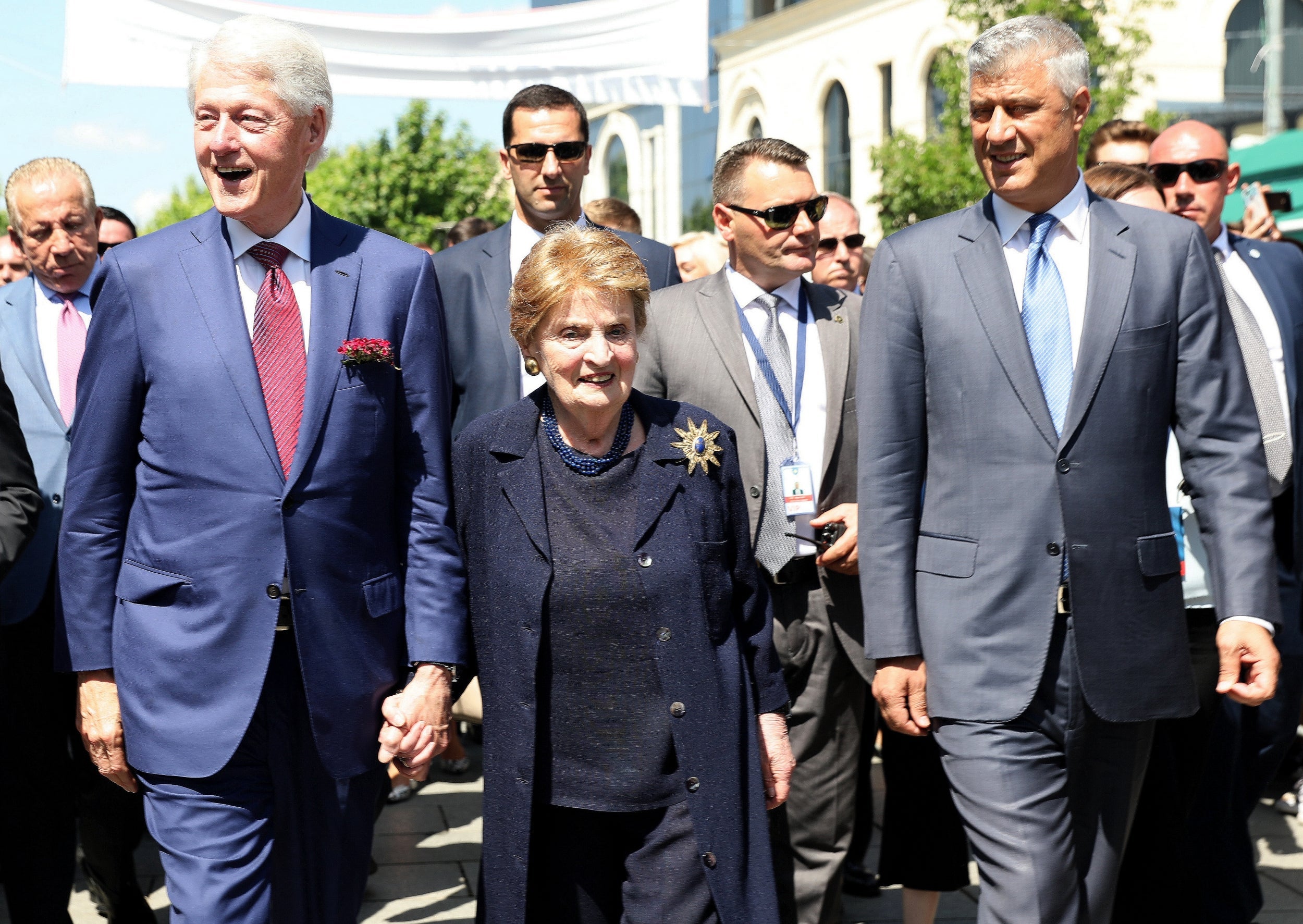 Bill Clinton, Madeleine Albright and Hashim Thaci in Pristina on Wednesday (Reuters)