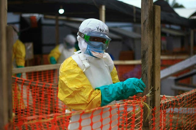An Ebola health worker at a treatment centre in Beni, eastern Congo, in April
