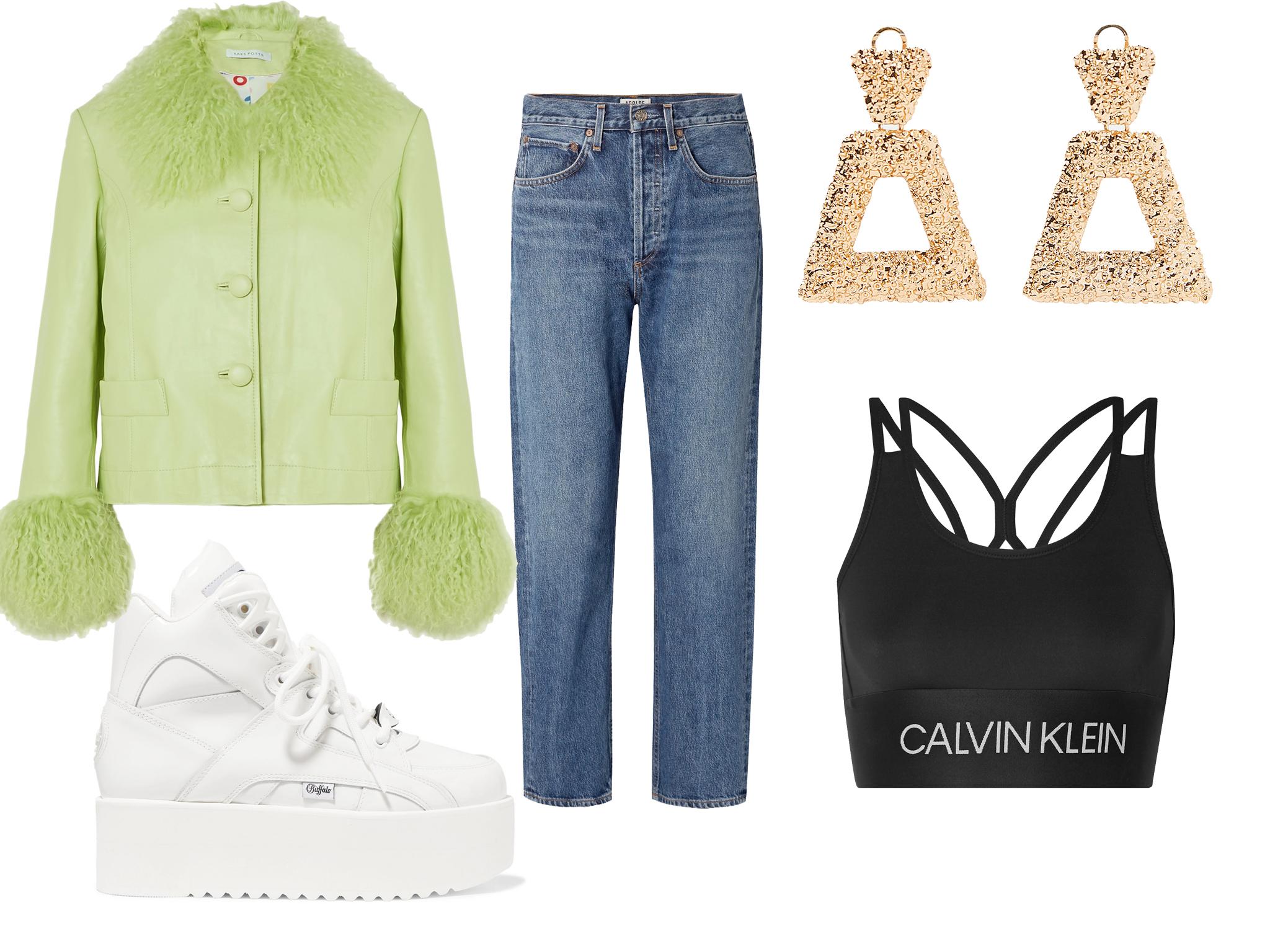 Saks Potts, Shearling-trimmed leather jacket: £511; Junya Watanabe x Buffalo, Patent-leather platform sneakers: £178; Agolde, ’90s mid-rise straight jeans: £240; Zara, Textured geometric earrings: £12.99; Calvin Klein, Printed stretch sports bra: £45