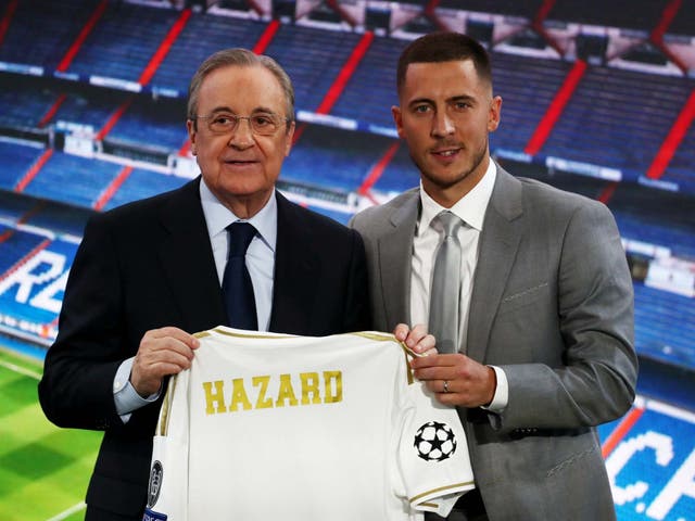 Florentino Perez with Eden Hazard at his official presentation