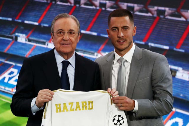 Florentino Perez with Eden Hazard at his official presentation