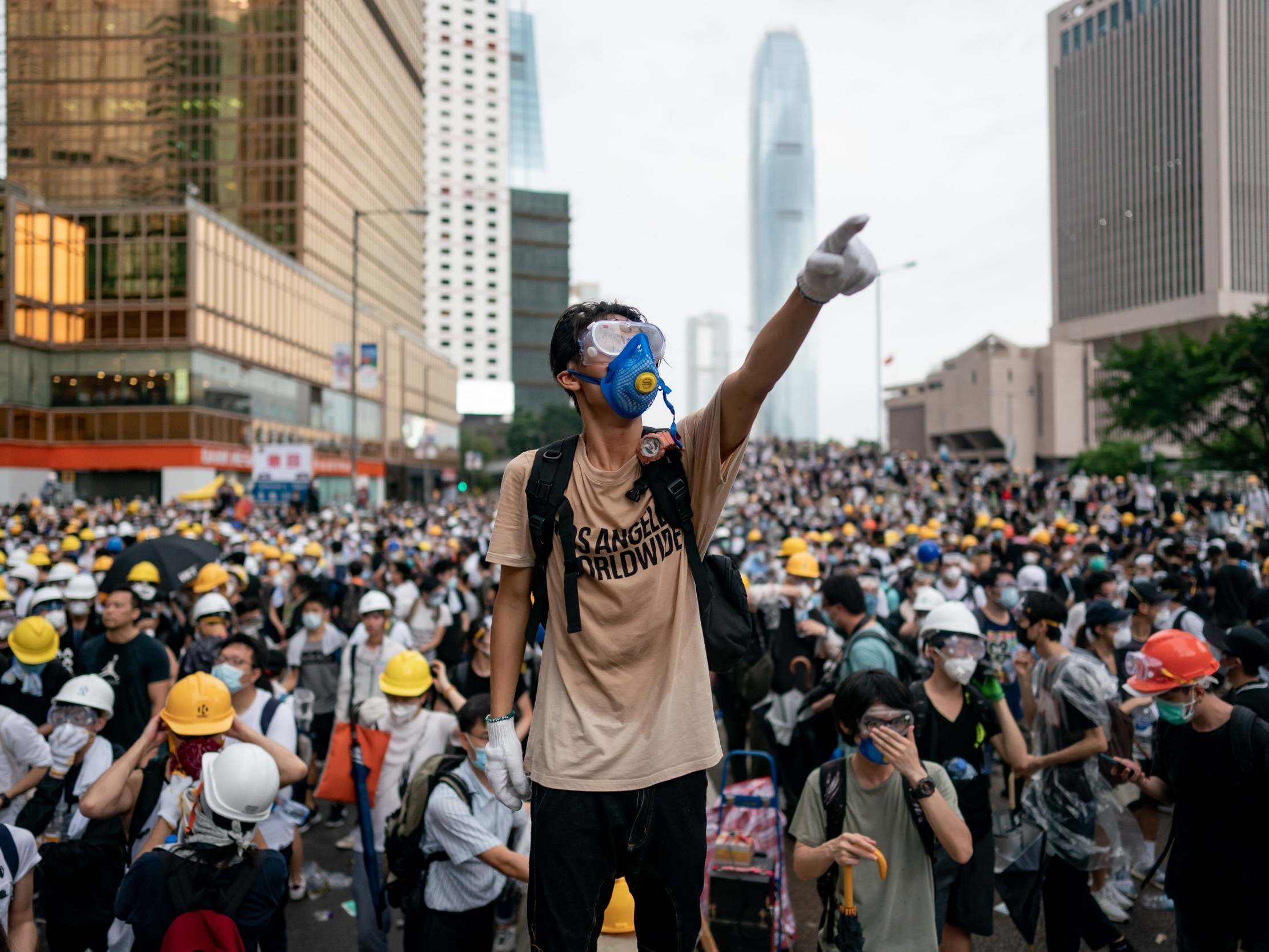 Activist at mass protest in downtown Hong Kong on Wednesday June 12, 2019