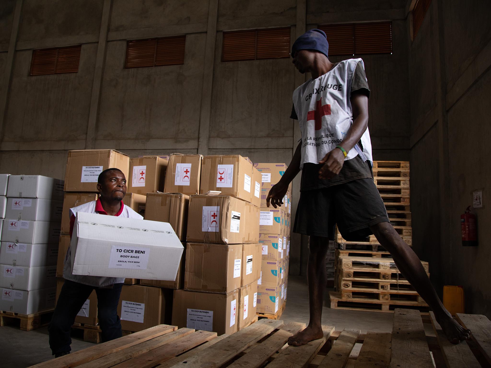 A warehouse in Goma where new transparent bodybags are loaded into a truck for distribution in Beni and Butembo