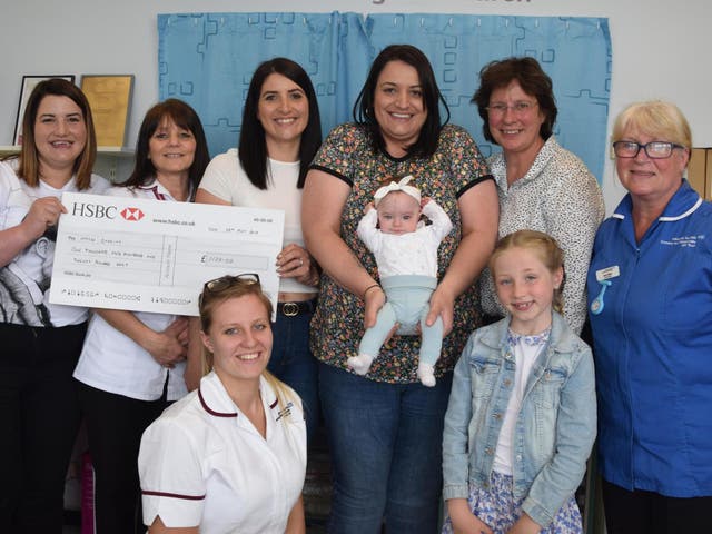 Nine-month old Ivy with mum Laura, Professor Quenby (second from right) and other staff at University Hospitals Coventry and Warwickshire NHS Trust