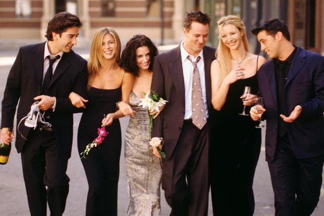 David Schimmer, Jennifer Aniston, Courteney Cox, Monica Geller, Matthew Perry, Lisa Kudrow and Matt LeBlanc in a Friends promo shot.