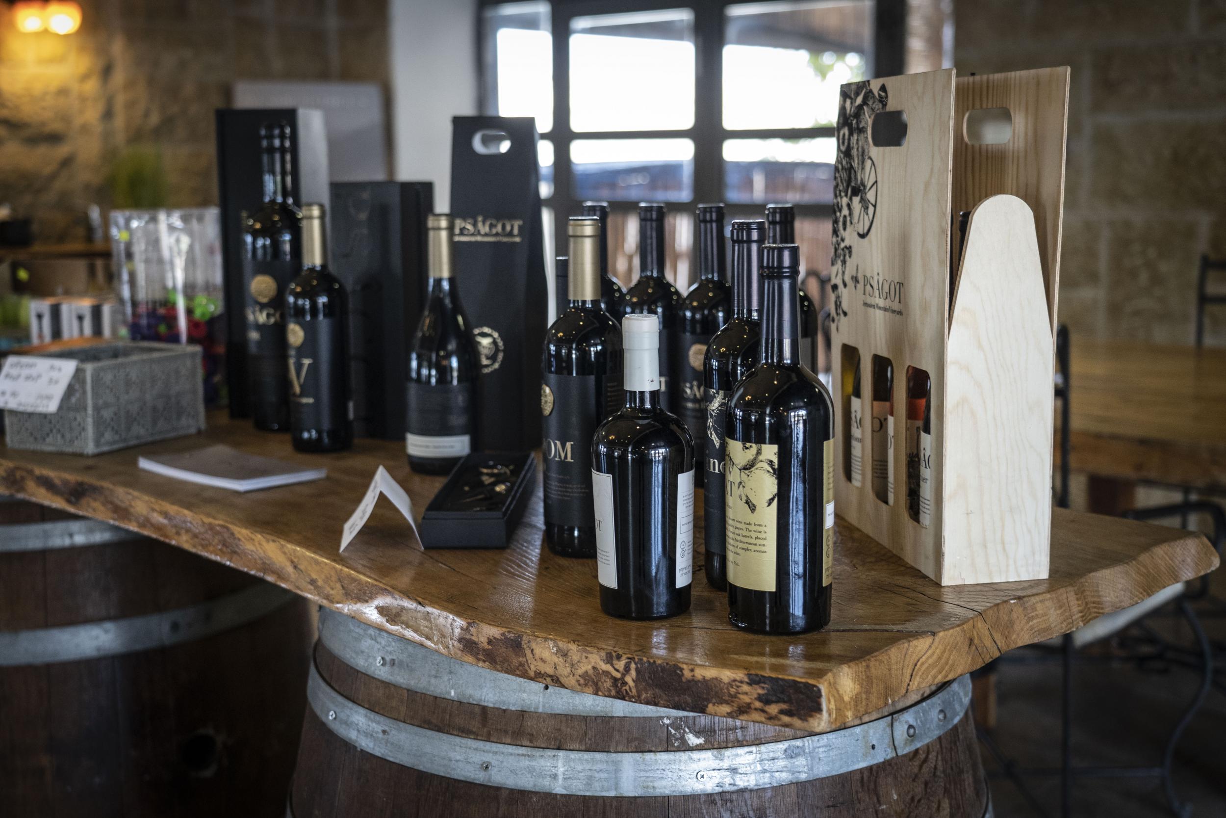 Psagot wines on display at the winery which hosts tours for visitors to the settlement