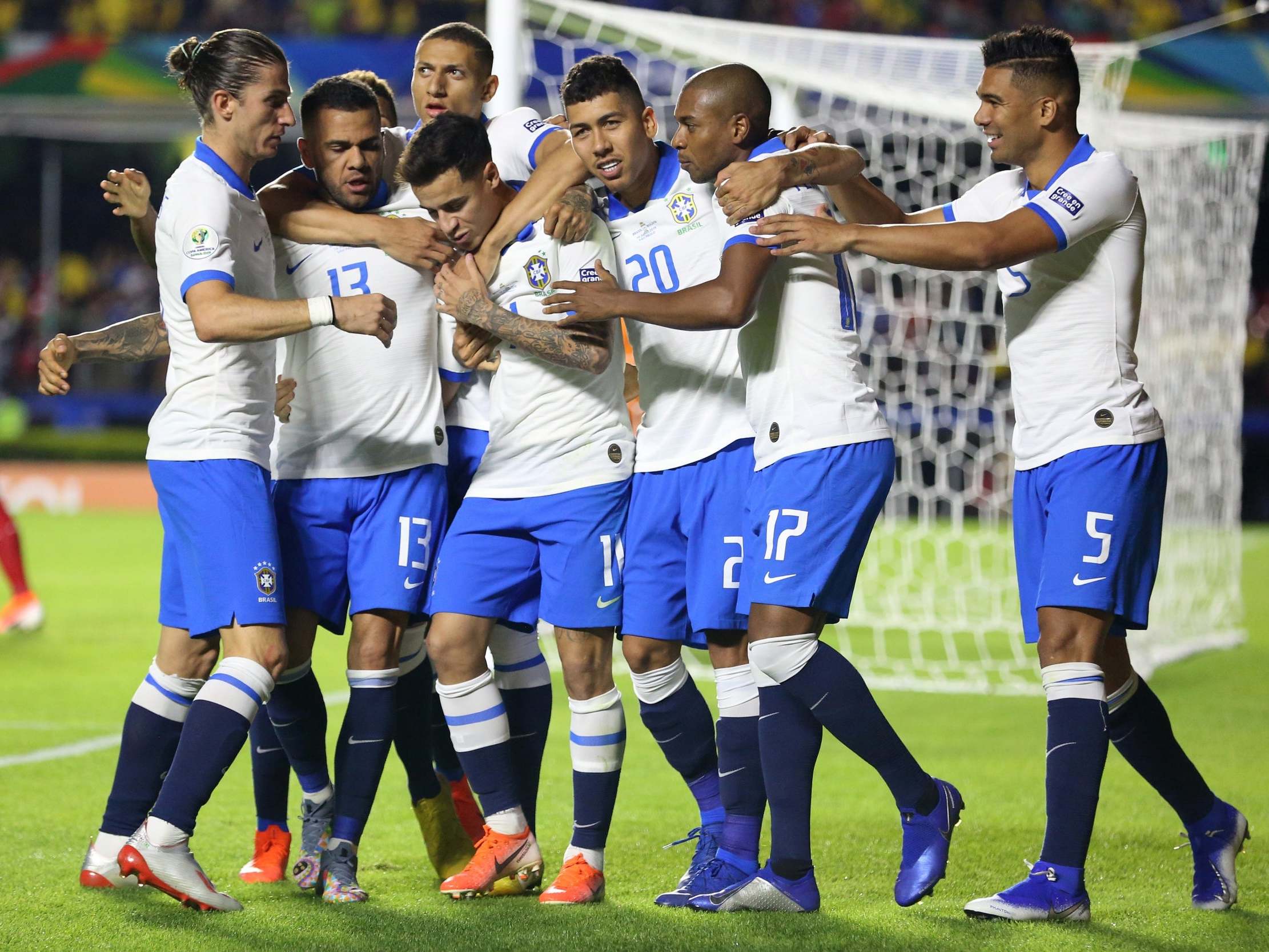 Brazil celebrate scoring vs Bolivia