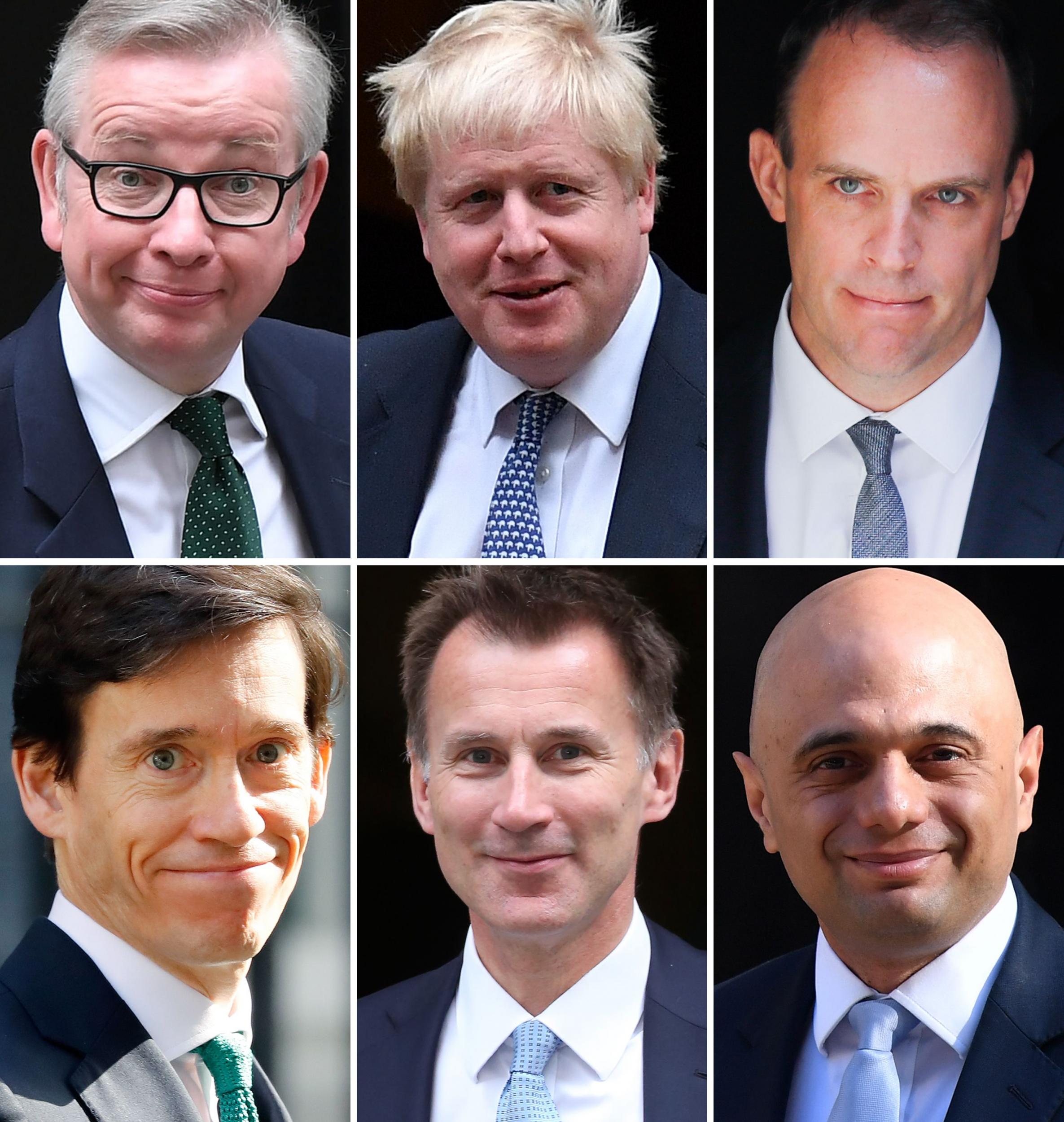 The remaining six candidates in the Conservative leadership contest, clockwise from top left: Michael Gove, Boris Johnson, Dominic Raab, Sajid Javid, Jeremy Hunt and Rory Stewart